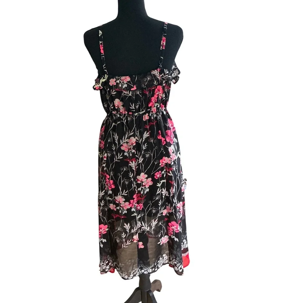 Express Womens Floral Ruffle Wrap Midi Dress Black Pink Small Spaghetti Strap - Picture 2 of 4